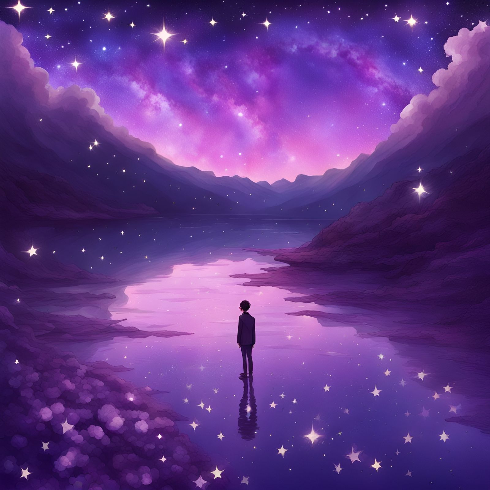 Amethyst Sky with Fish Stars: A Surreal Dreamscape