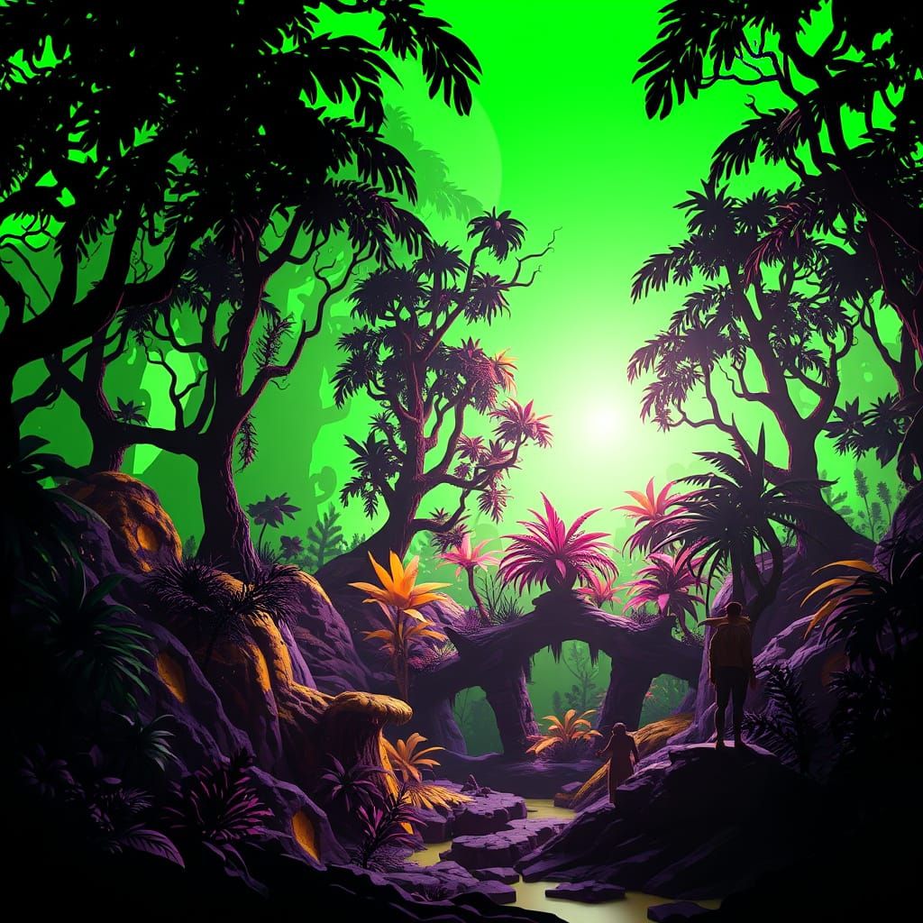 Ethereal Jungle in Brilliant Green Light, Dark Fantasy Art
