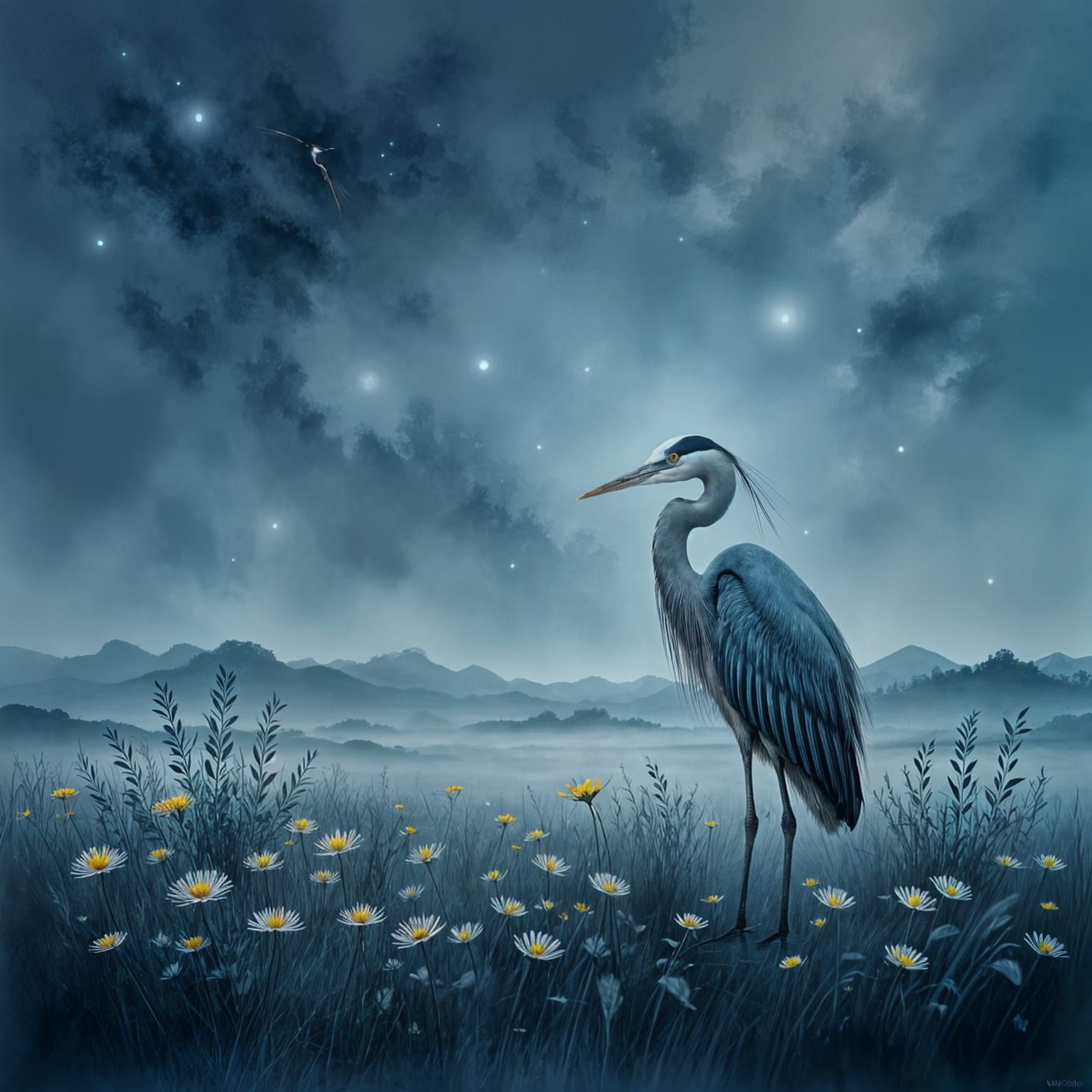 Solitary Heron in Abstract Expressionist Meadow