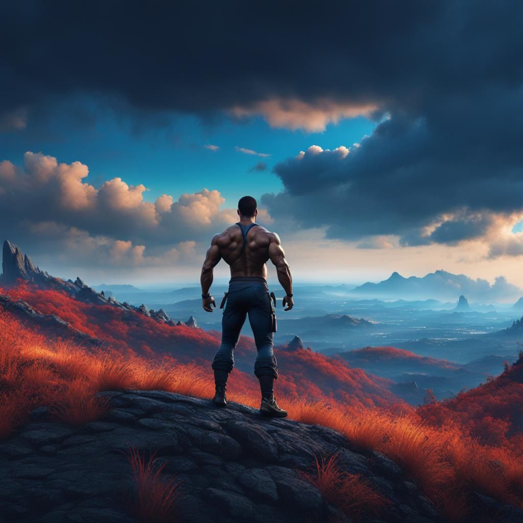 Man on Hillside Gazing at Horizon, Fantasy Art