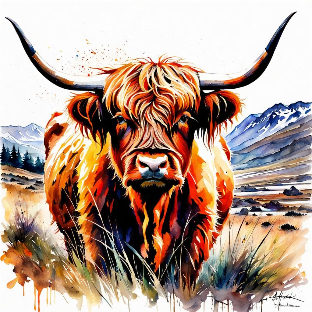 Highland Cow Watercolor in Scottish Pastel Colors