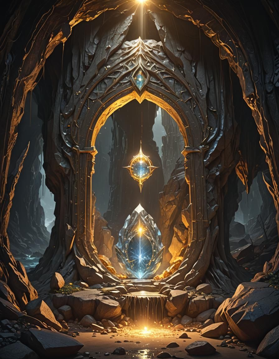 Elven Gemstone Radiating Light in a Cave