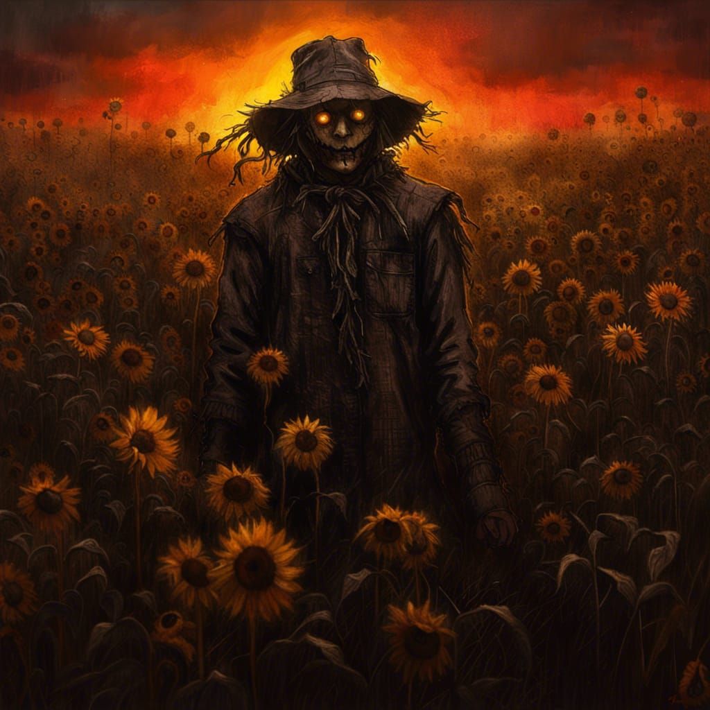 Menacing Scarecrow in Apocalyptic Sunflower Field
