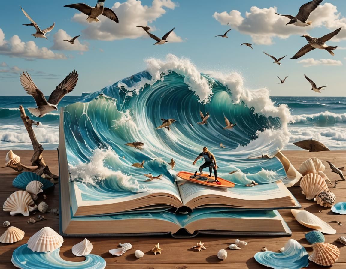 Surfer Rides Wave From Book in Magic Realism