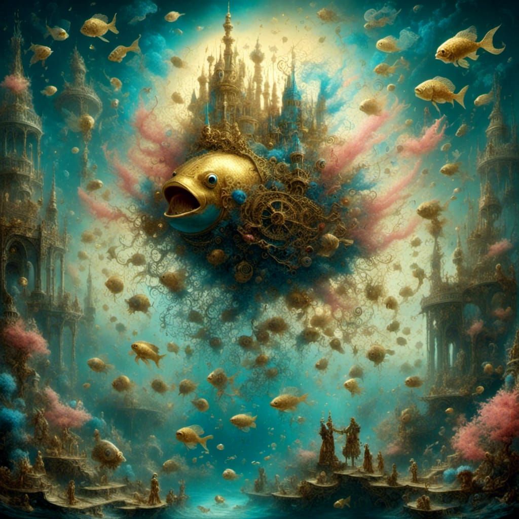 Golden Fish Swimming in Nebula