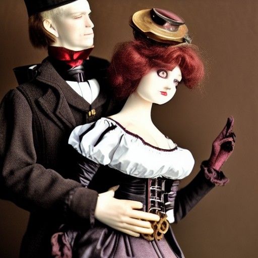 Victorian Maid Hugs Master Near Steampunk Engine