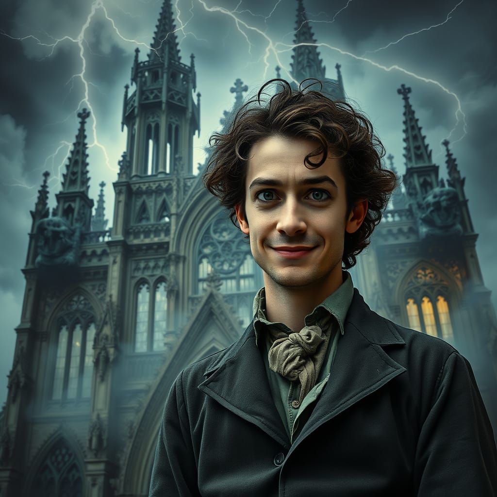 Gothic Man Before Decaying Cathedral