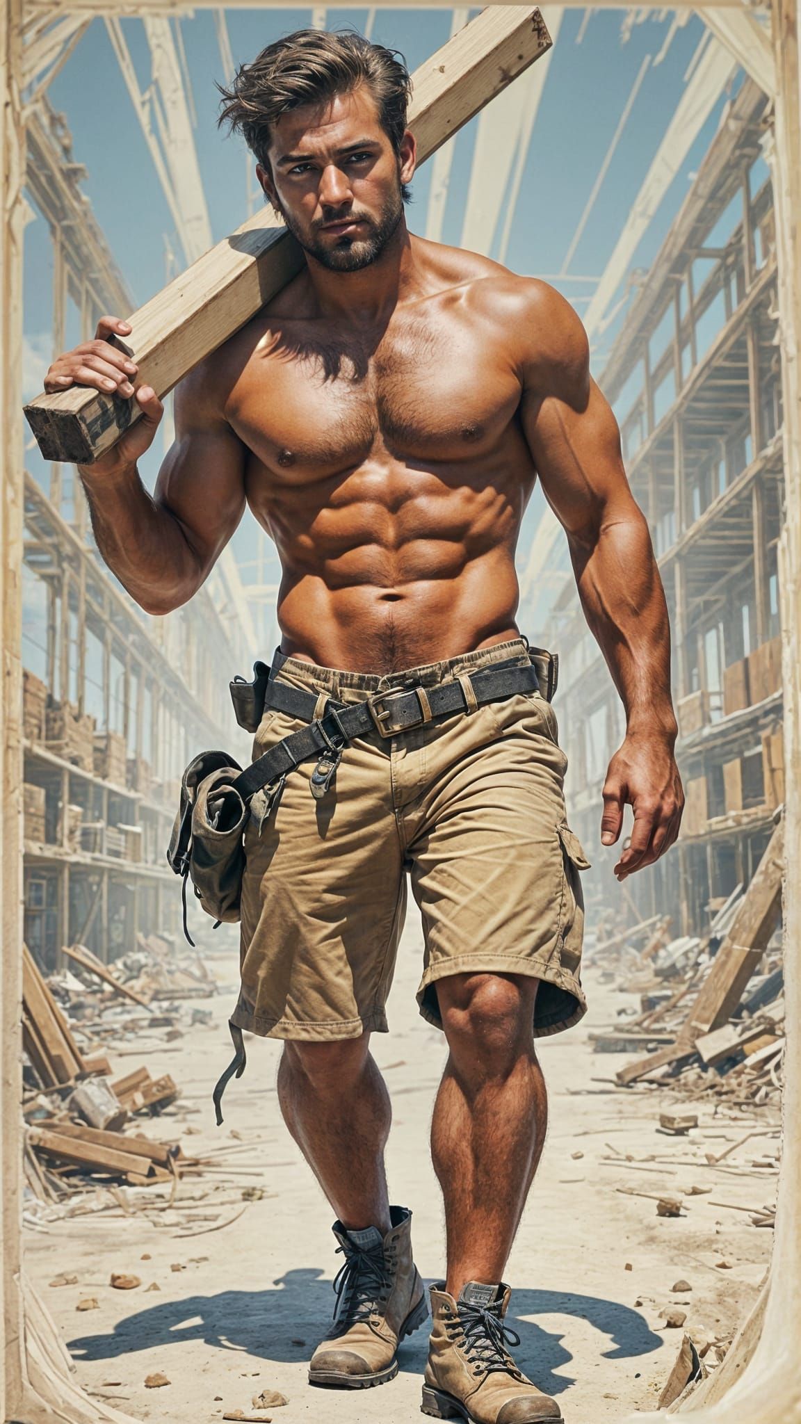 Rugged Construction Worker in Tattered Shorts