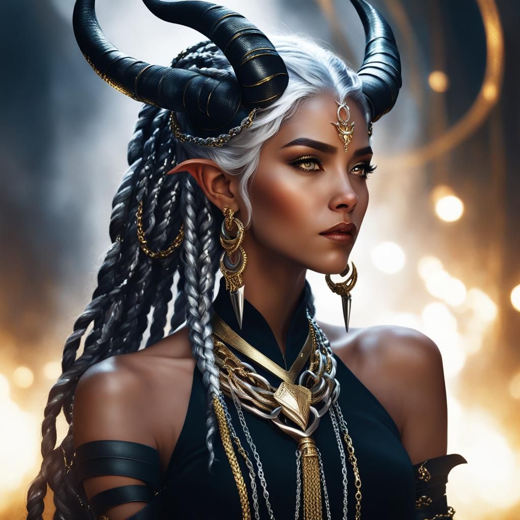 Elegant Tiefling Woman with Braided Silver Hair