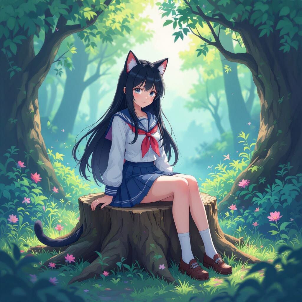 Anime Catgirl in Fantasy Forest with Watercolor Textures