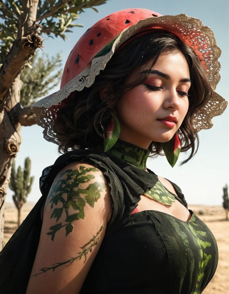Palestinian Woman in Watermelon Dress: Art Nouveau Portrait