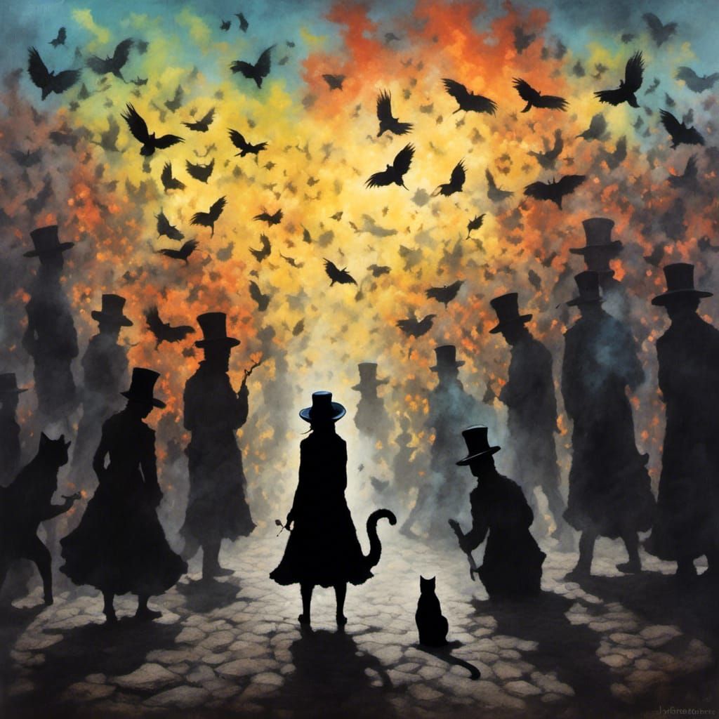 Silhouette of Cat in Hat Watching Colorful People