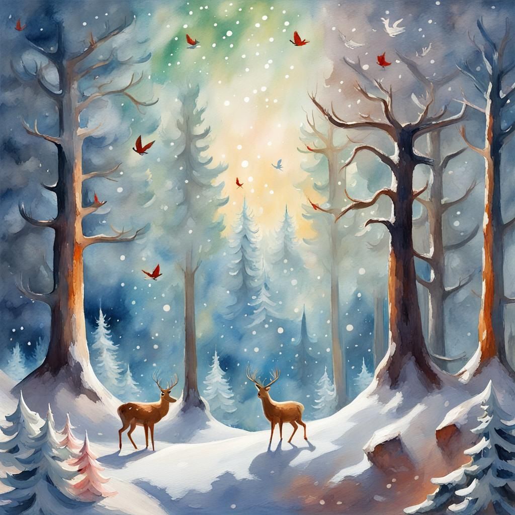 Snowy Forest Animals Watch Santa: Gouache Watercolor