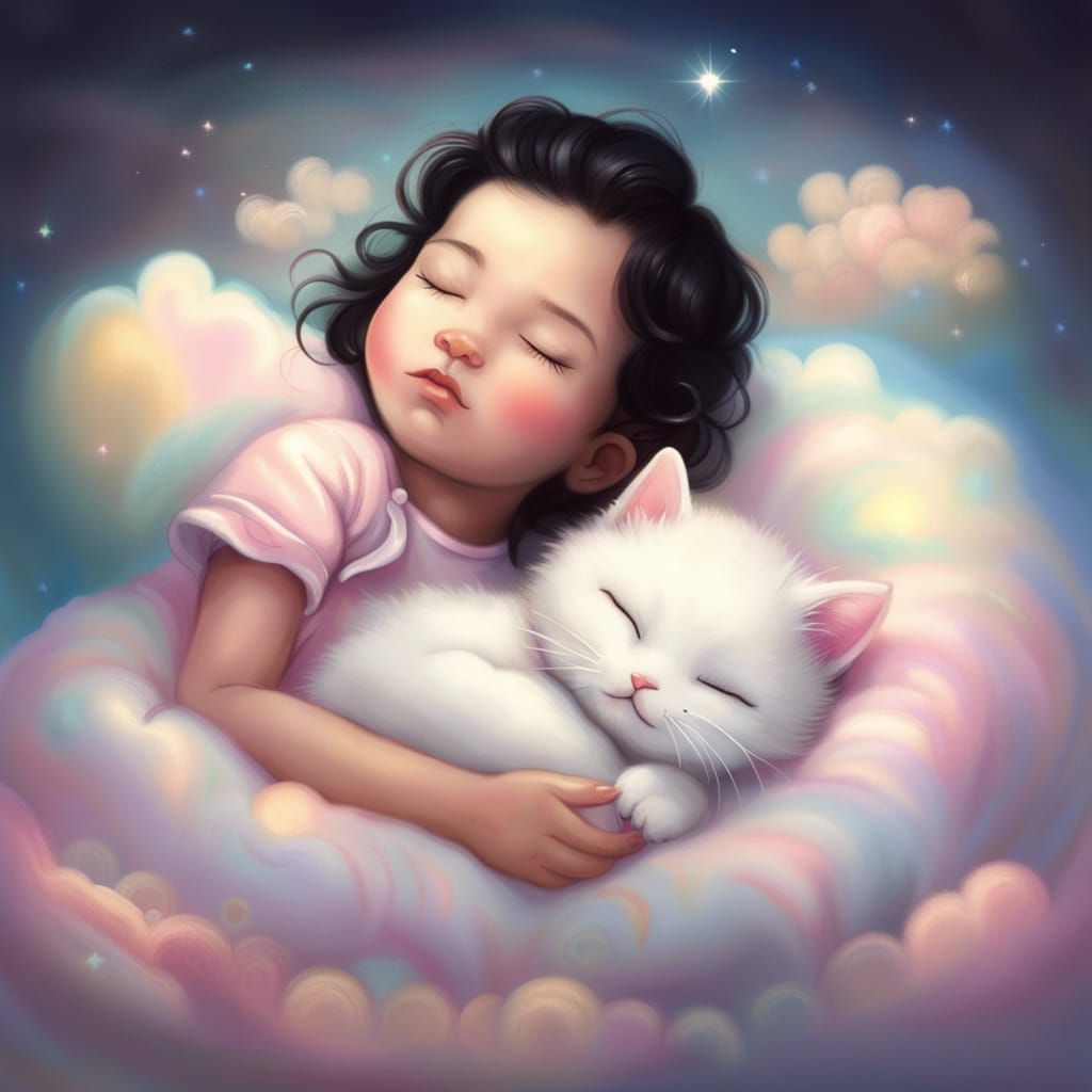 Baby Girl and Kitty in Dreamy Magic Realism