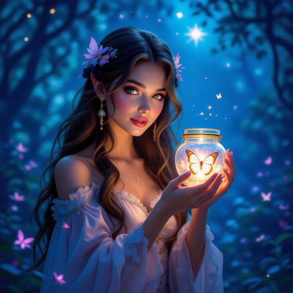 Fairy with Butterfly in Magical Forest, 3D Graphics