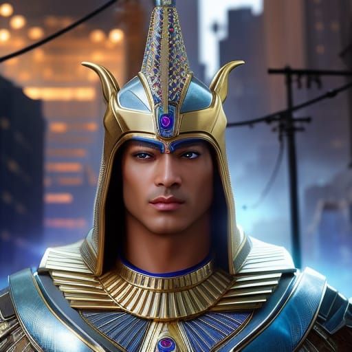 Egyptian God Thoth in Modern City, 3D Render