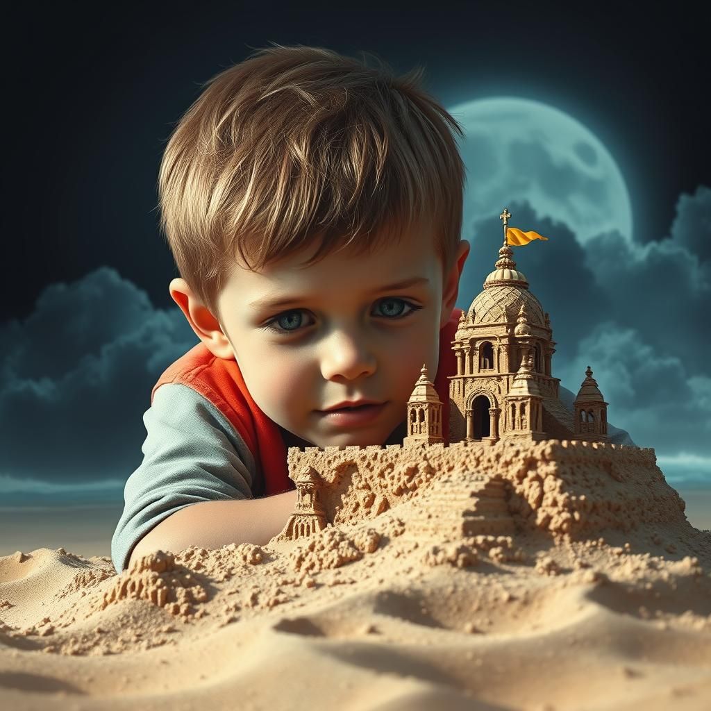 Boy Builds Sandcastle, Hyperrealistic Apocalyptic Beach Scen...
