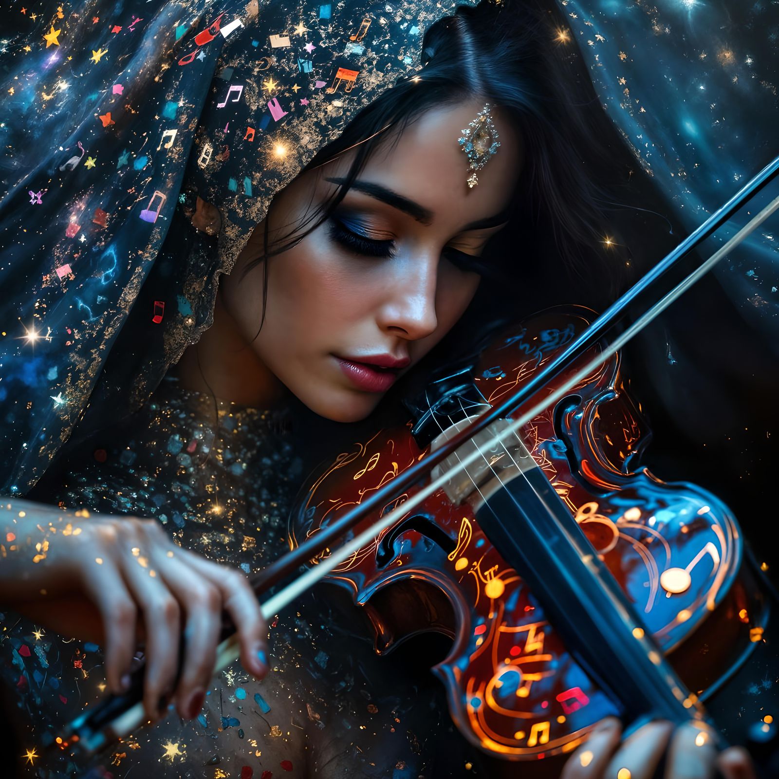 Woman Playing Violin at Night in Dreamy Oil Painting