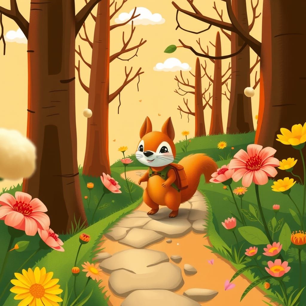 Smiling Cloth Squirrel in Sunny Whimsical Forest