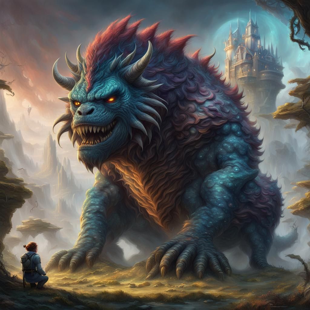 Cute Monster Petting Human in Ethereal Fantasy Style