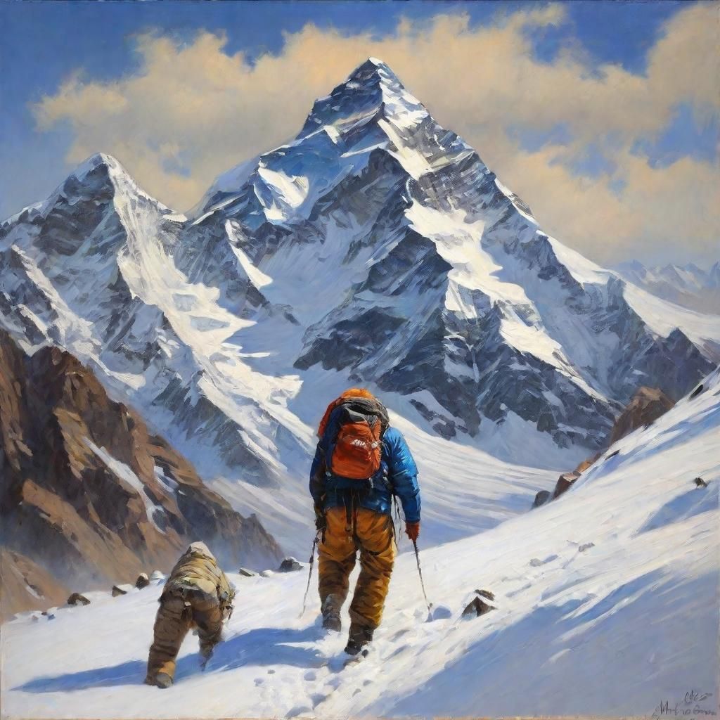 Mount Everest Climb in Oil Painting Style