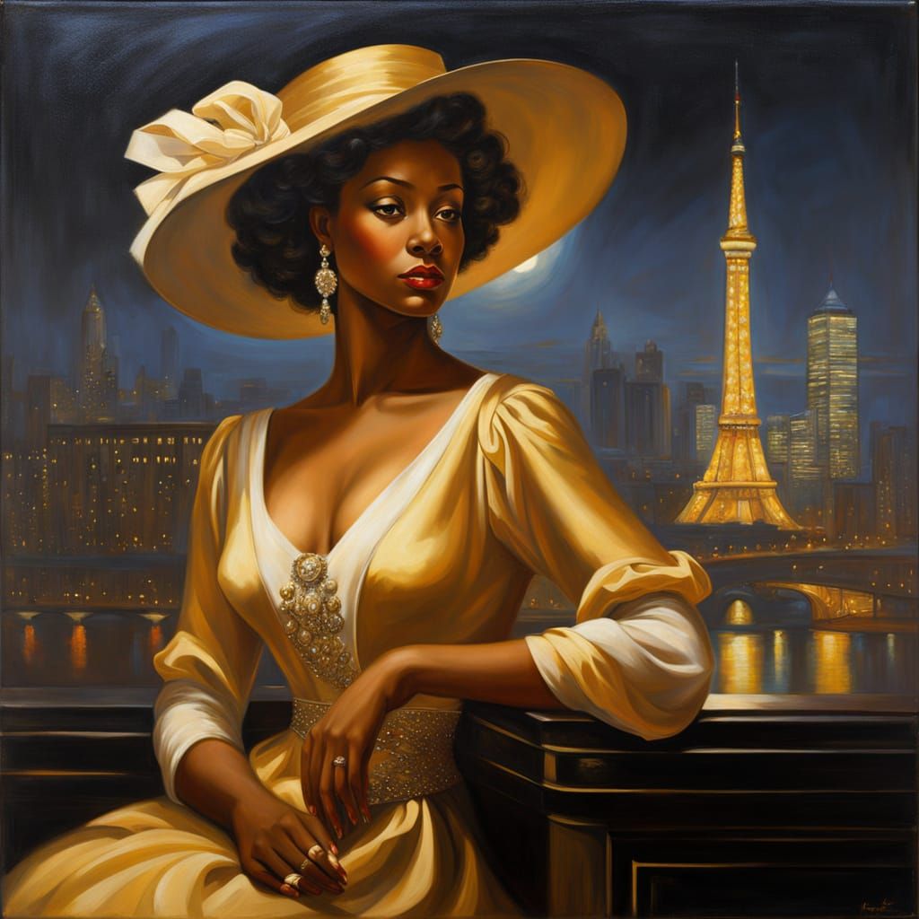 Elegant Women in Cityscape: Rembrandt-Style Oil Portrait