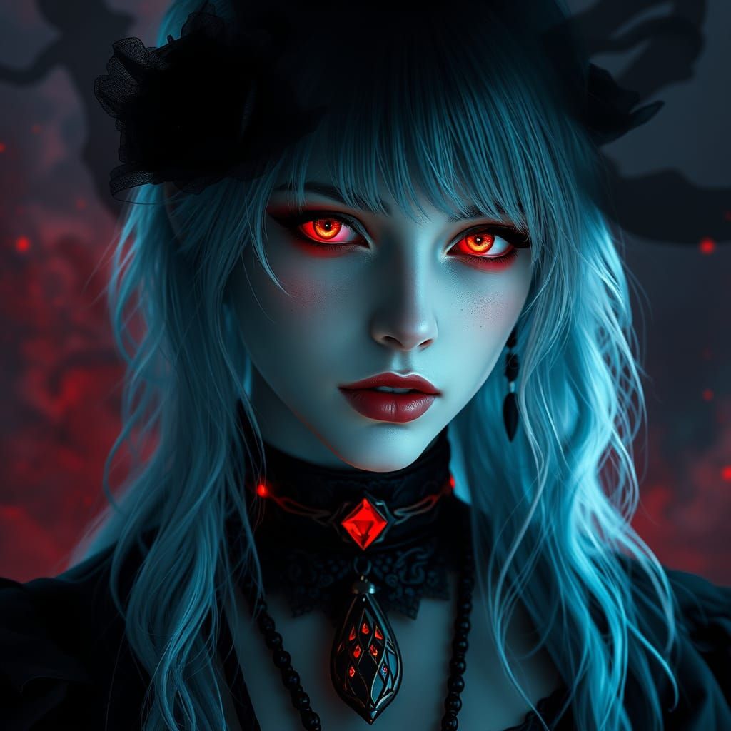 Gothic Goddess with Luminous Silver-Blue Hair and Crimson Ey...