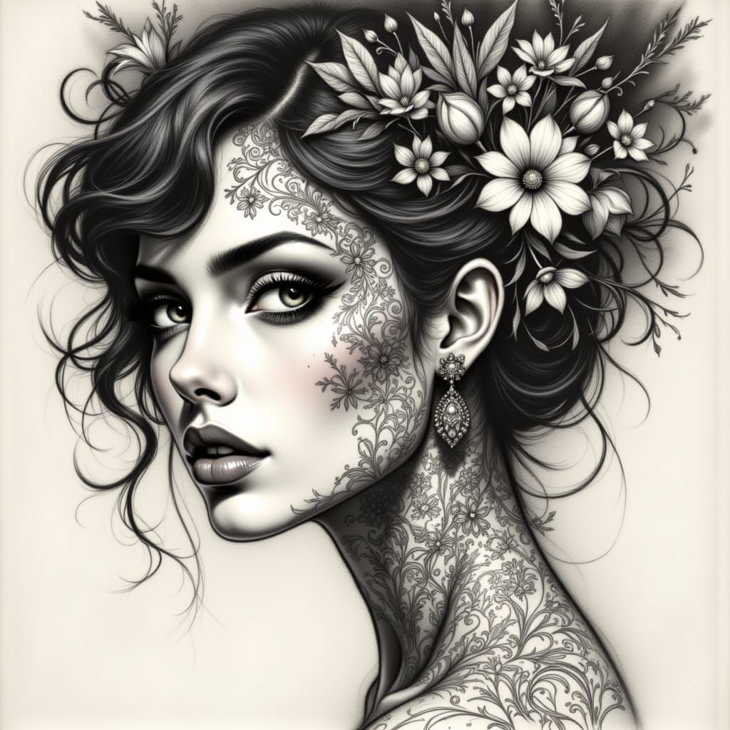Elegant Charcoal Drawing of Woman with Floral Design