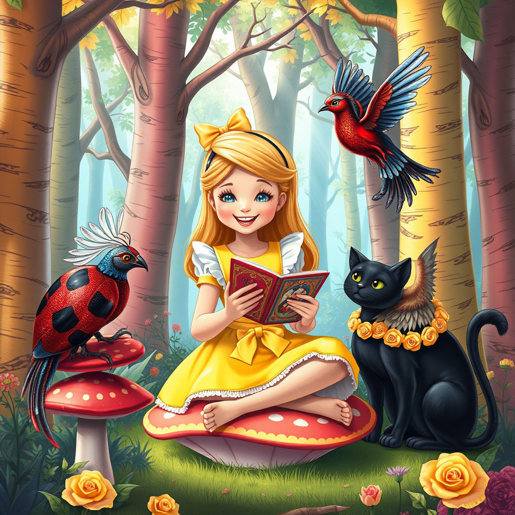 Alice in Wonderland Reads Tarot in Whimsical Forest