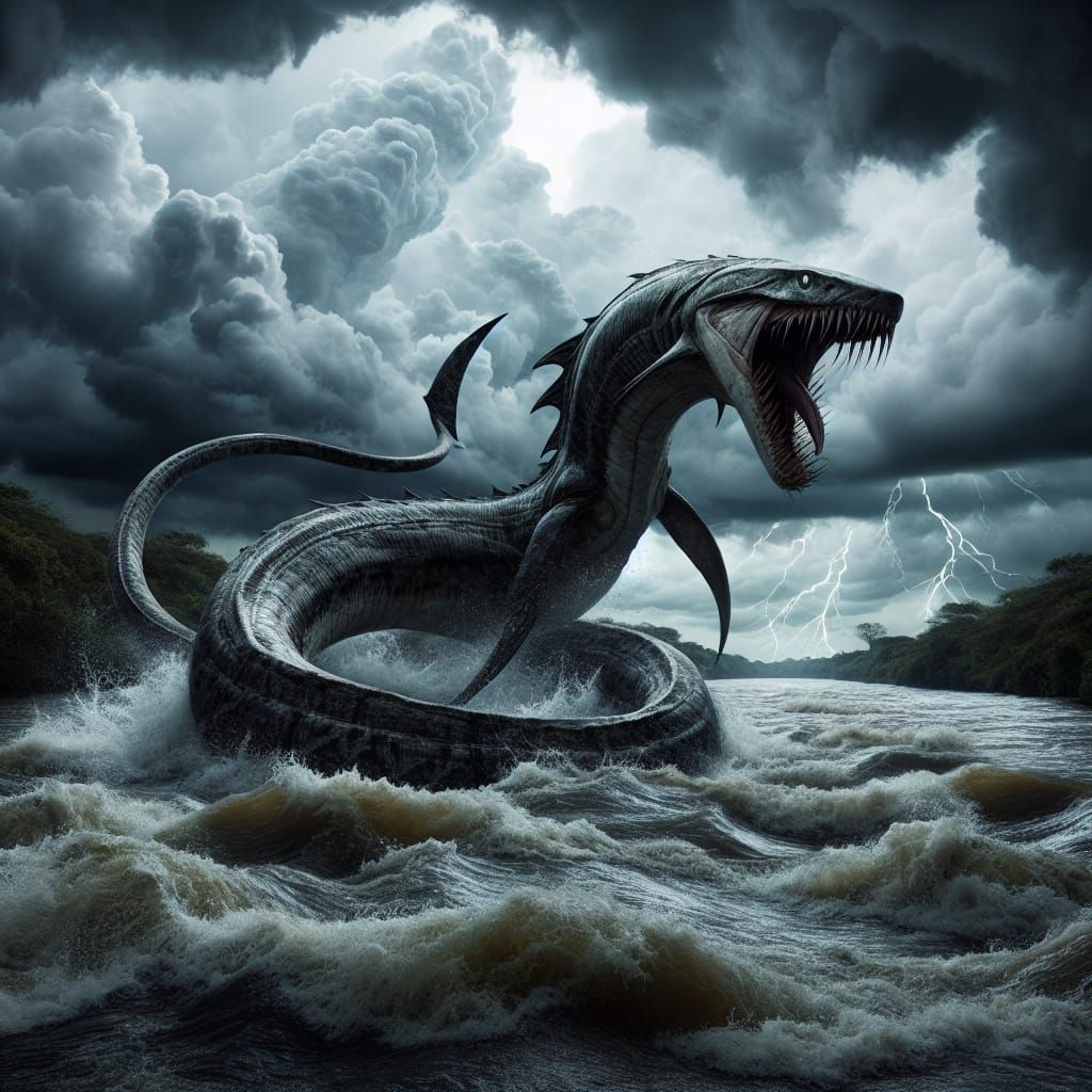 Angry Shark-Titanoboa Hybrid in Stormy River Delta