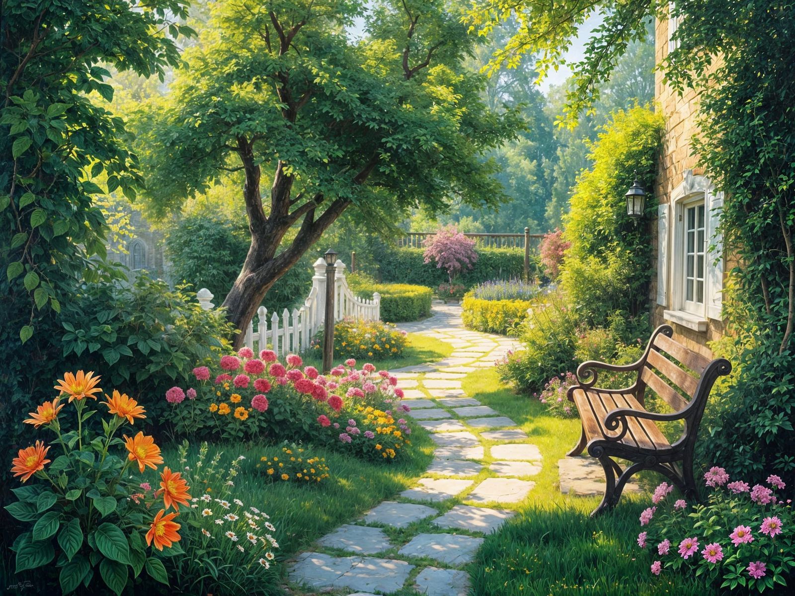 Garden Scene in Impressionist Oil Painting Style