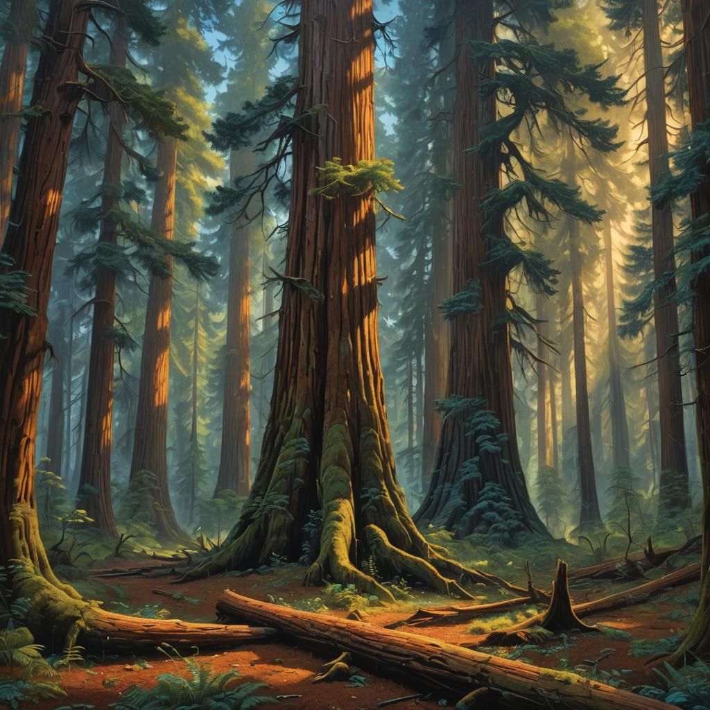 Surreal Redwood Forest in Post-Impressionist Style