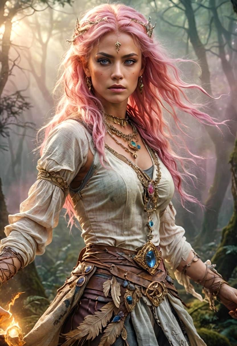 Muscular Pink-Haired Woman with Gemstone Necklace