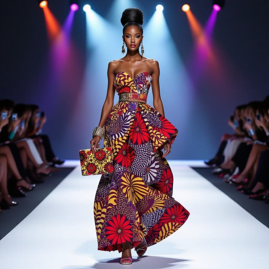 Black Barbie Model Struts Runway in Ankara Maxi Dress