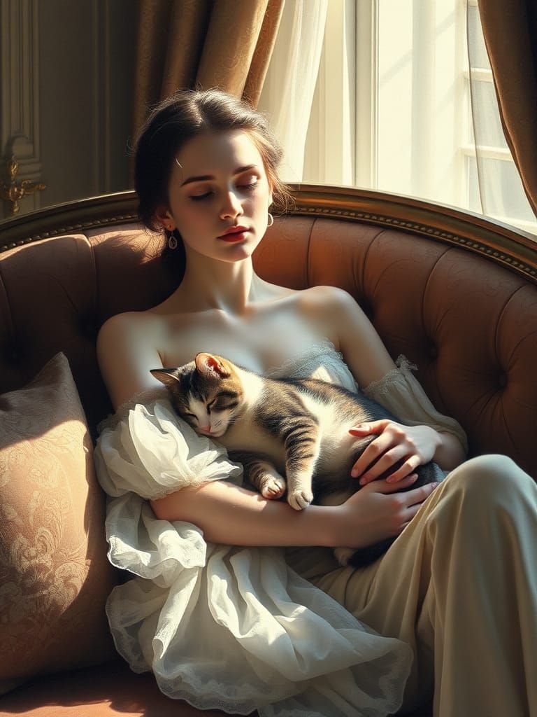 Elegant Woman with Cat on Sofa as Charcoal Drawing