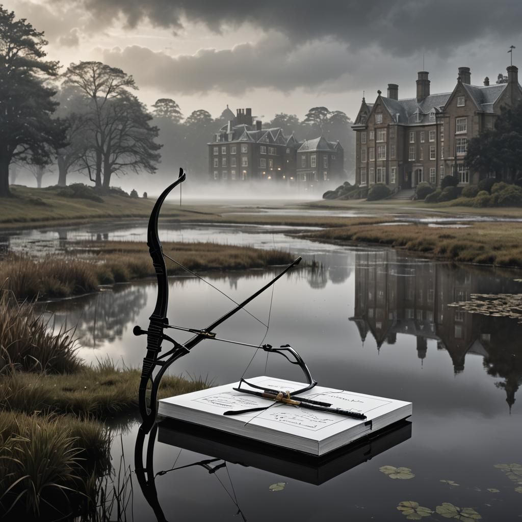 Elegant Black Archery Bow on Moor, Hyperdetailed Art