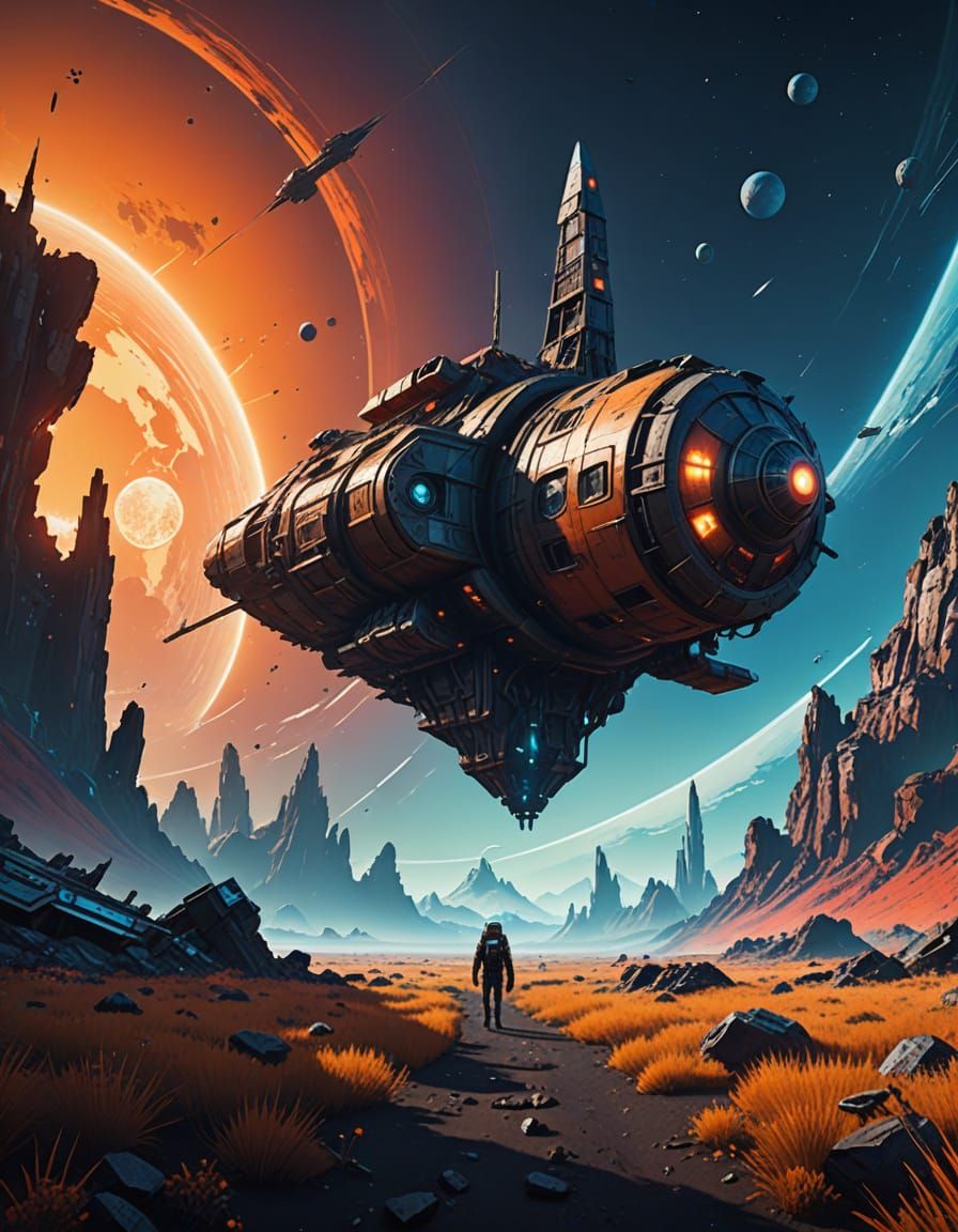 Dead Planet with Crashed Rocket in the Distance