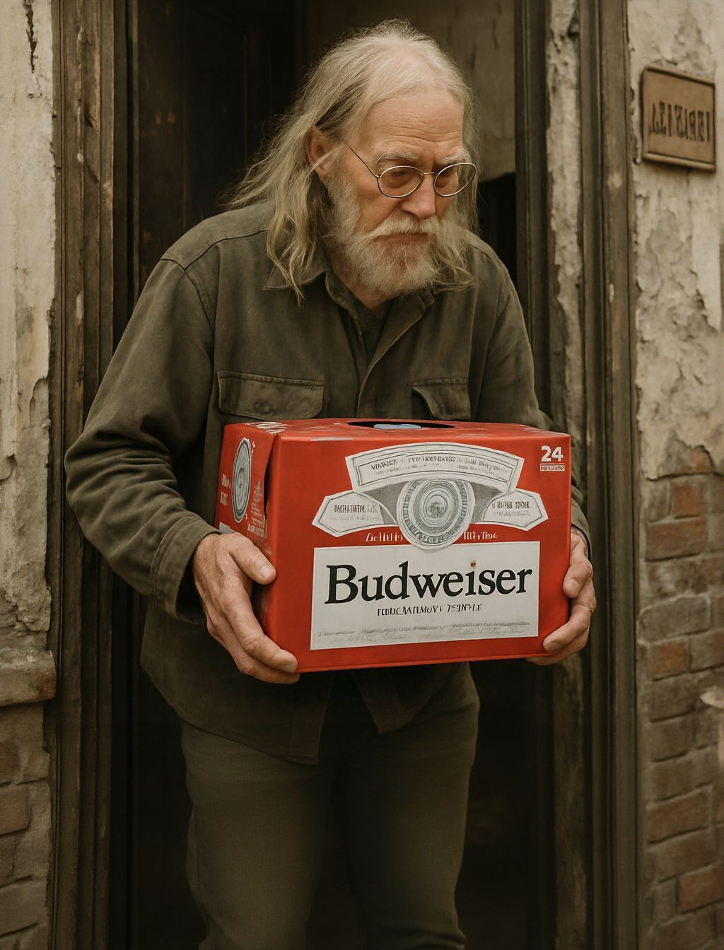 Elderly Man Carrying Beer into Derelict Apartment Building i...