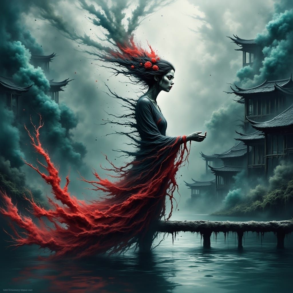 Surreal Geisha Ghost Bridges a Water Village in Cyberpunk St...