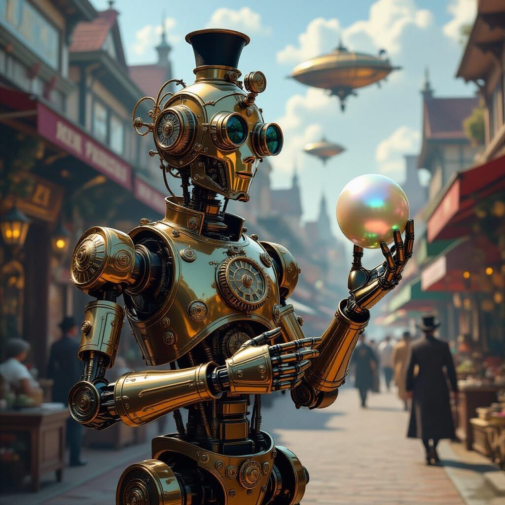 Victorian Automaton Polishes Pearl in Bustling Marketplace