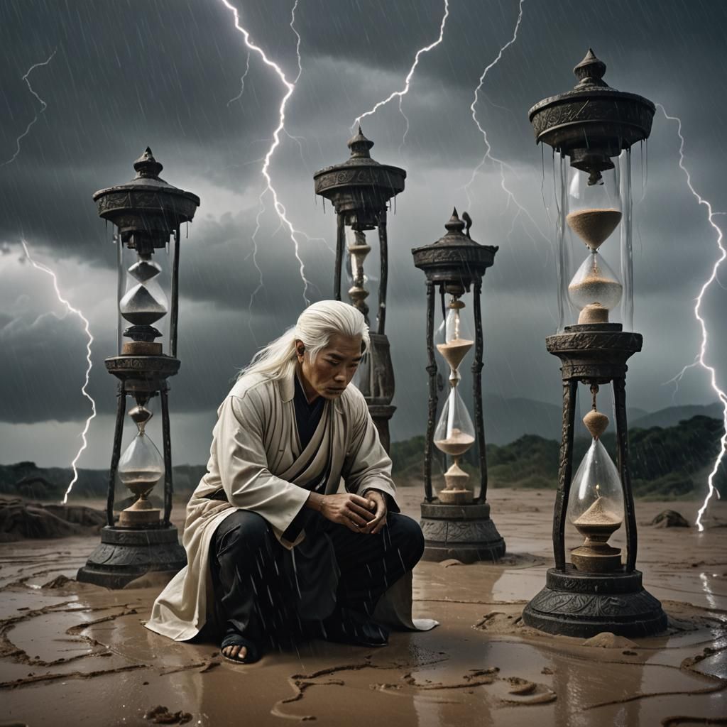 Eerie Surrealism: Man, Hourglass, and Storm