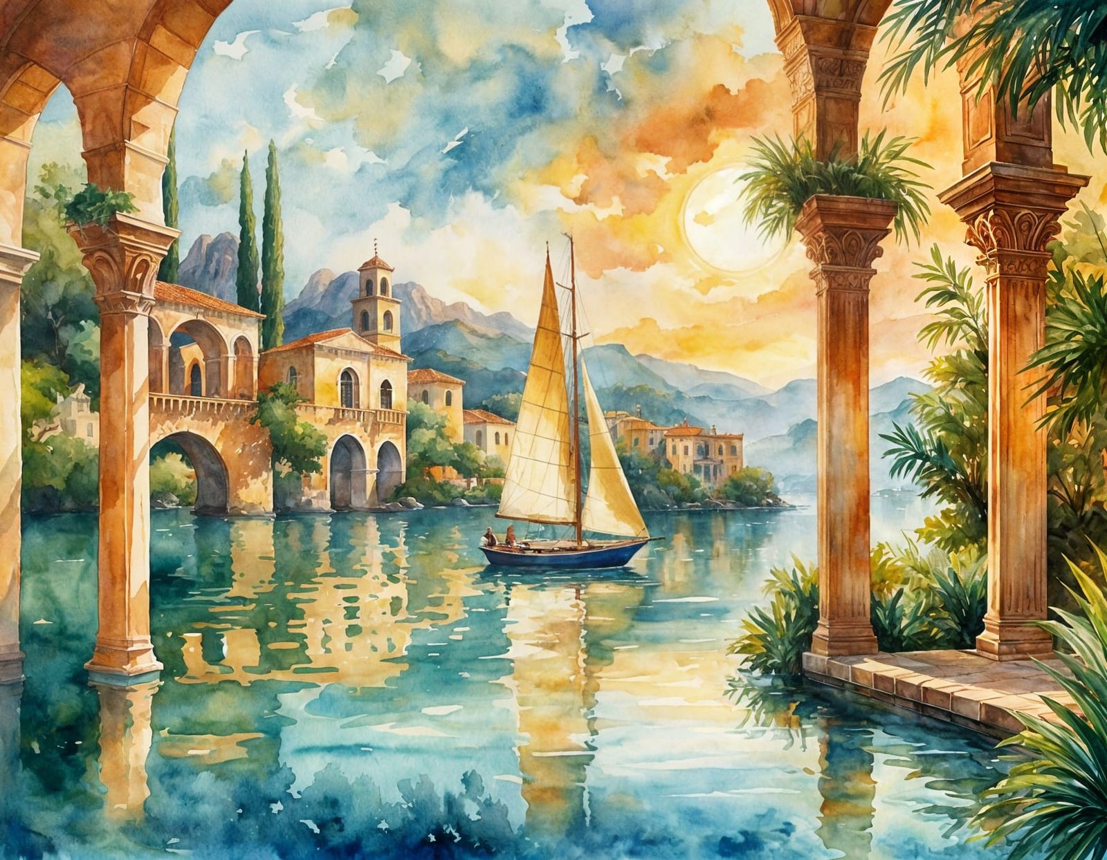 Watercolor Sailboat Painting in Mediterranean Landscape