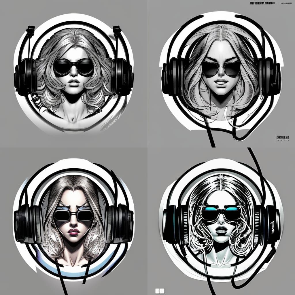 DJ Girl on Turntables: Black and White Illustration