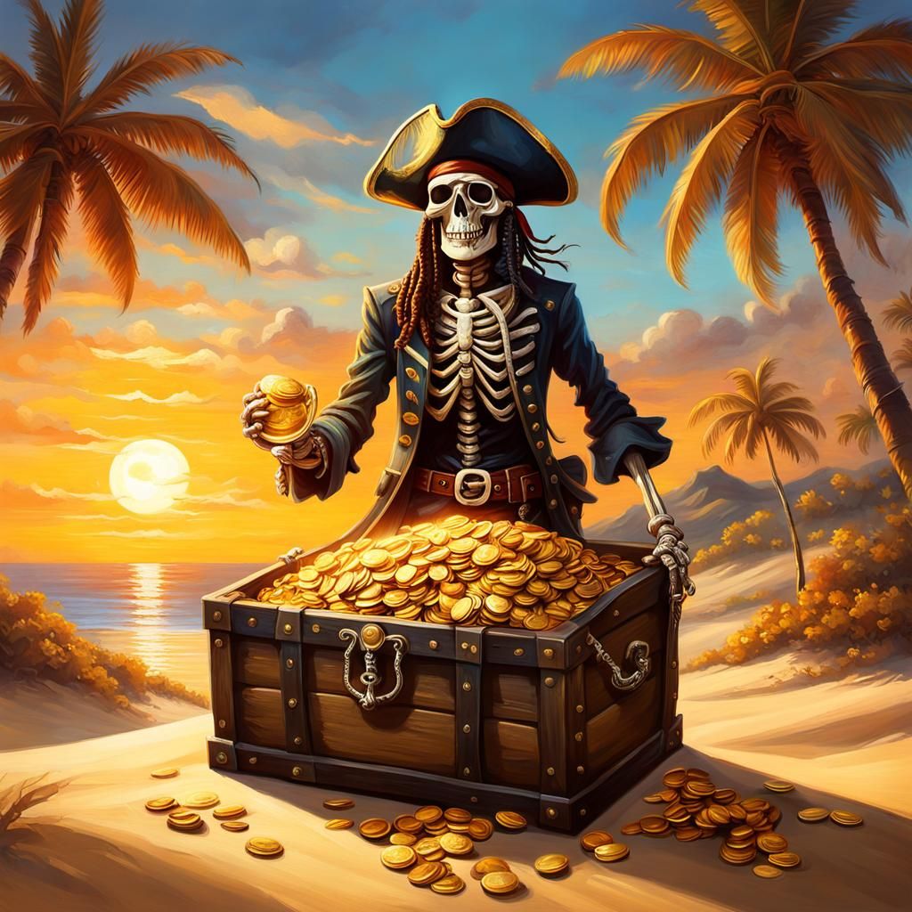 Skeleton Pirate and Coffee Treasure: Oil Painting