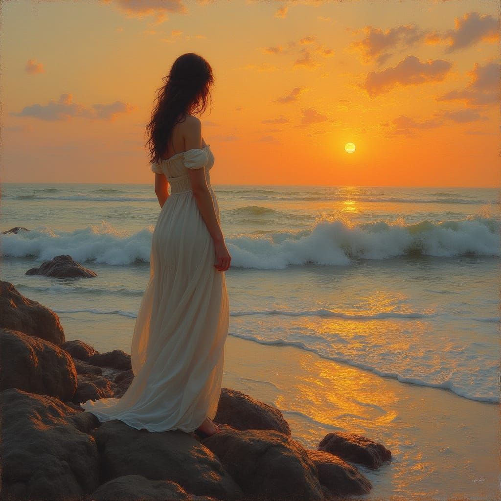 Sunset Shoreline Serenity in Impressionist Style