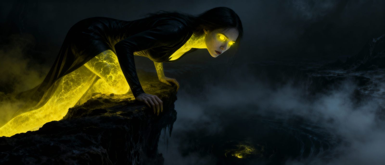 Mysterious Woman With Glowing Skin Peering into Abyss