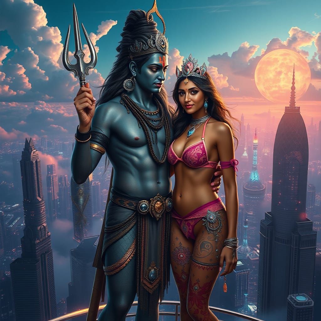 Sci-Fi Shiva and Indian Woman in Futuristic Sky Town