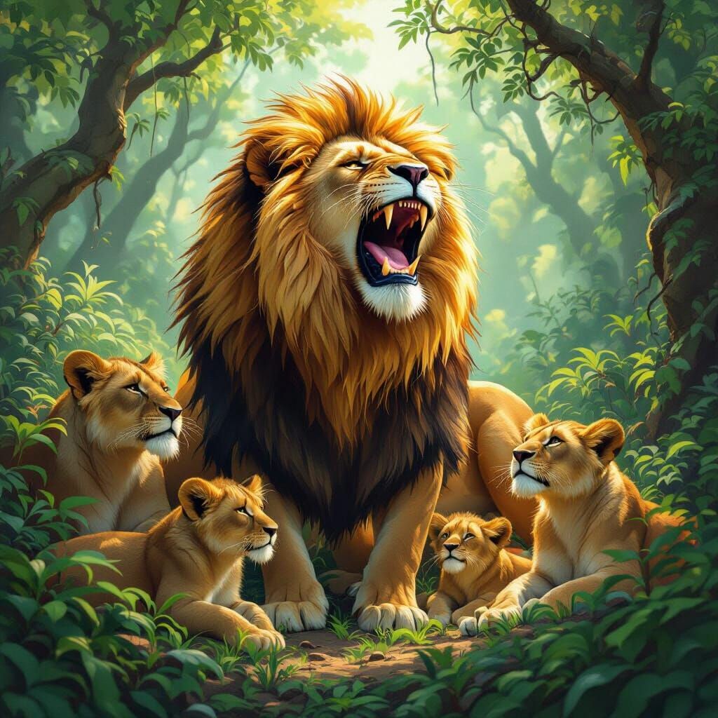 Majestic Lion Roaring in Lush Forest, Digital Art