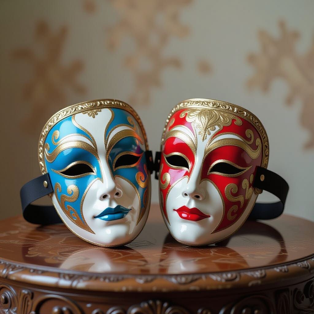 Dramatic Theater Masks in Surreal Pop Art Style