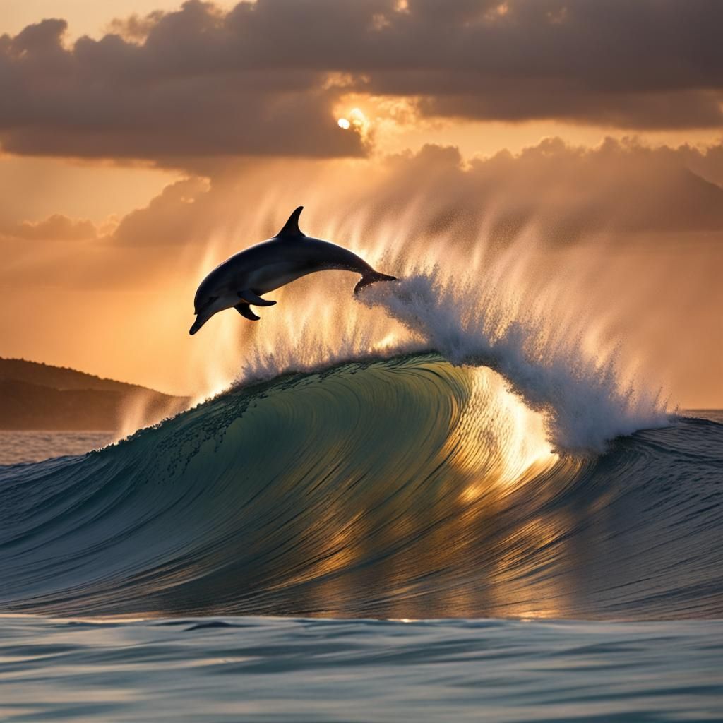 Dolphin Leaps Through Tunnel Wave at Sunset